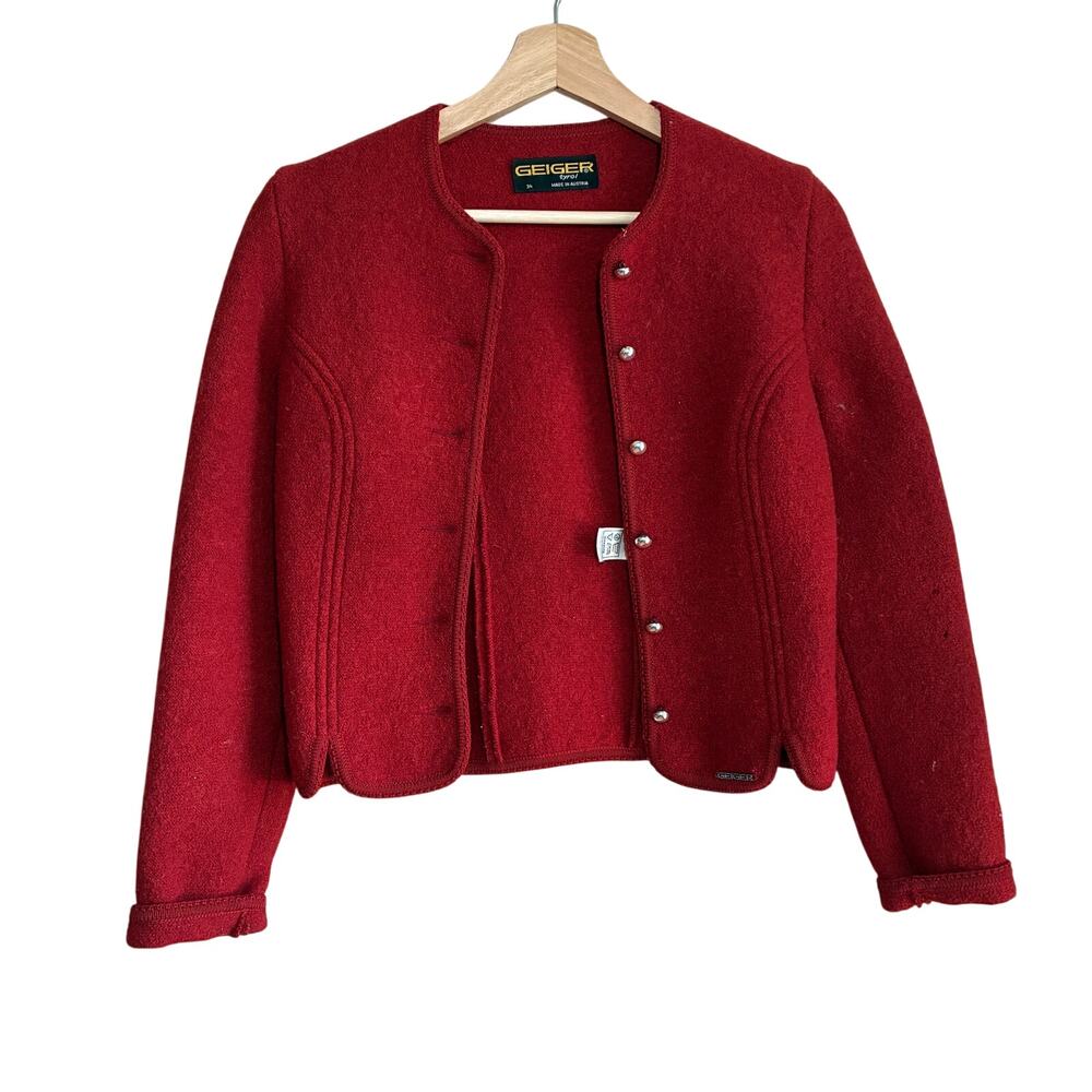 Vintage Geiger tyrol made in austria pure new wool 34 red felted jacket HOLES